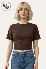 Front View of Chocolate Cinched Waist Short Sleeve T-Shirt for Women